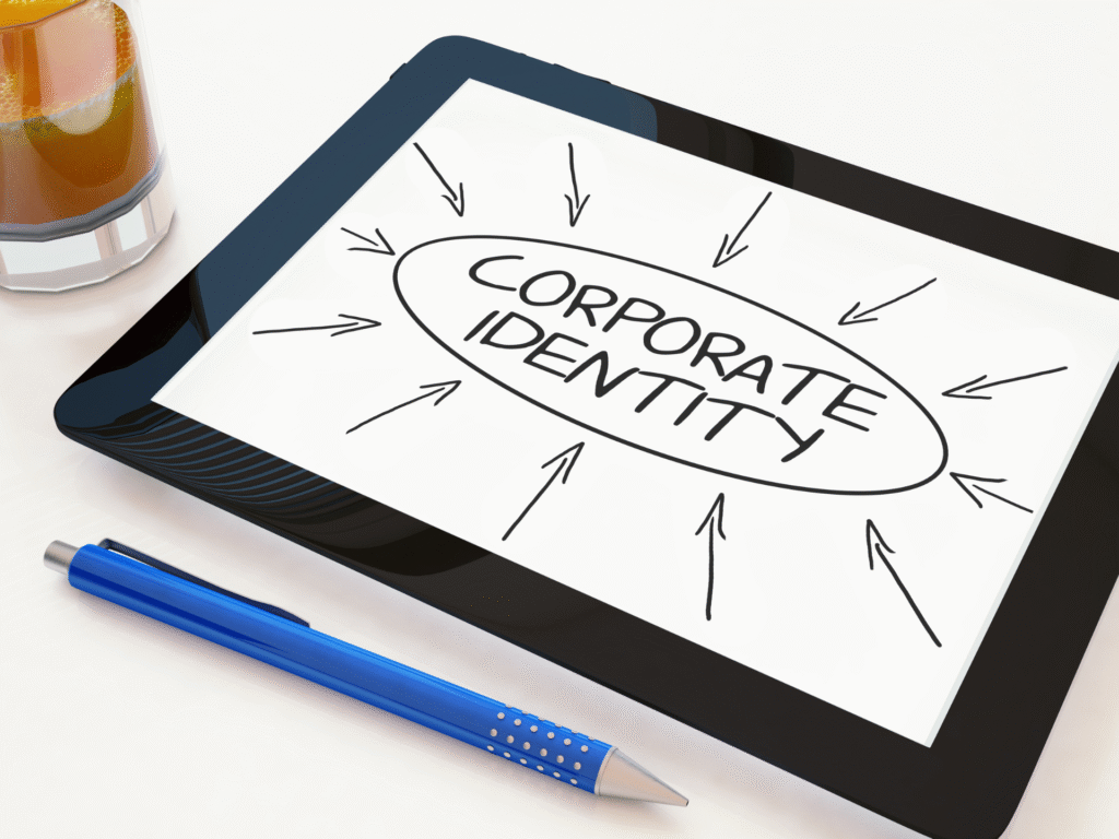 Tablet su una scrivania che mostra il processo di definizione della Corporate Identity per un'azienda.
